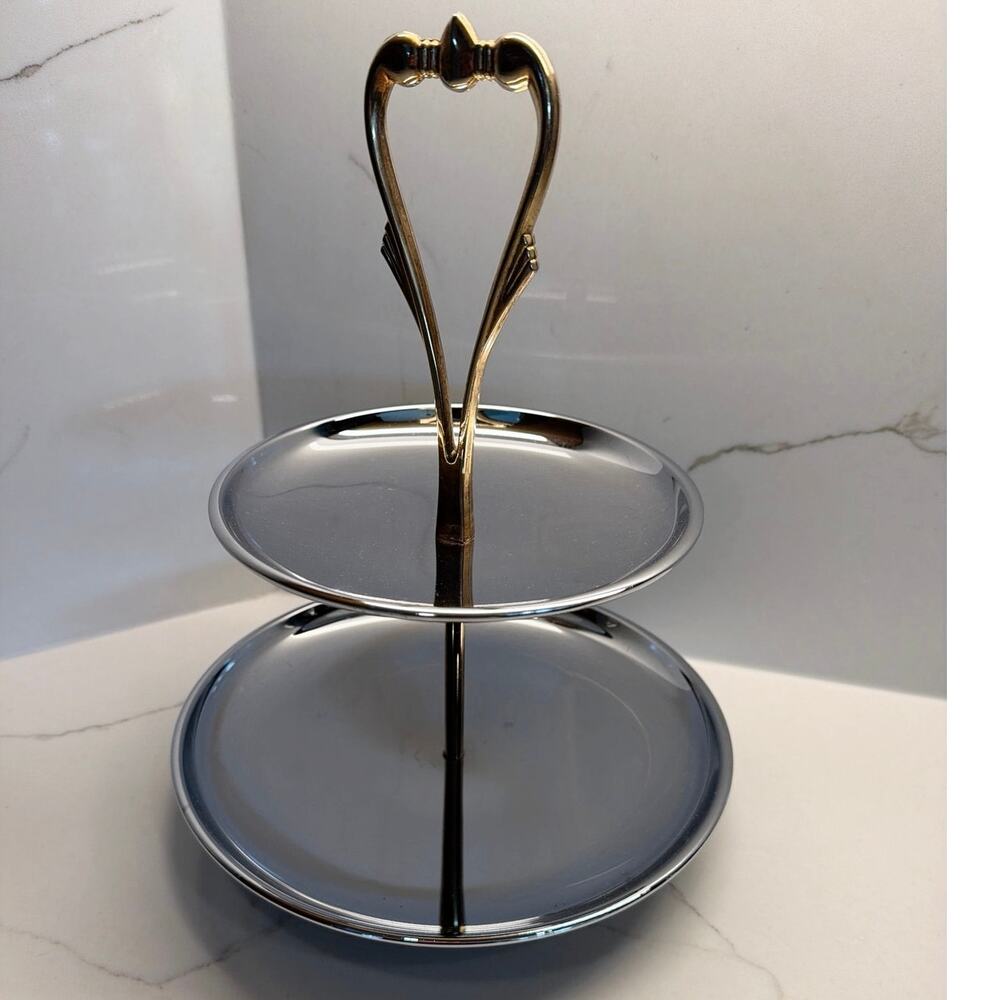 Vintage Kromex two-tiered chrome metal tidbit tray silver-tone finish gold-tone